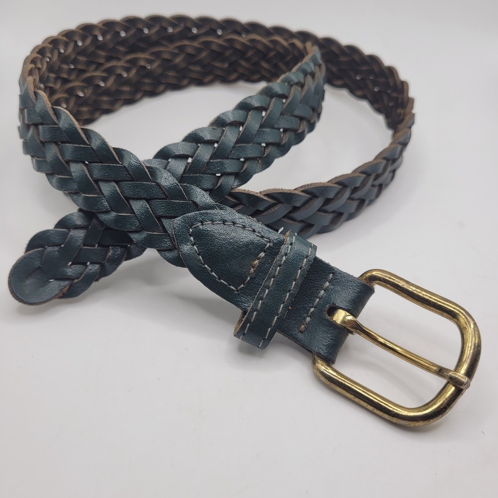 Dark Green Leather Belt Medium Braided Woven Boho Western Preppy Rustic Rodeo